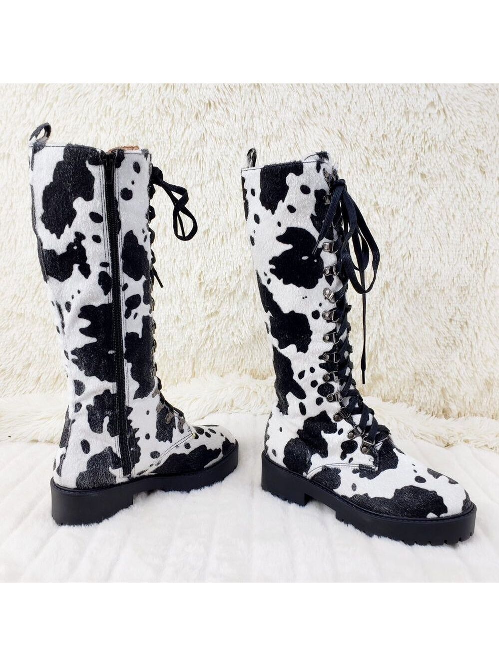 Savage Cow Combat Lace Up Knee Boots Faux Cow Print Brand New - Picture 2 of 16